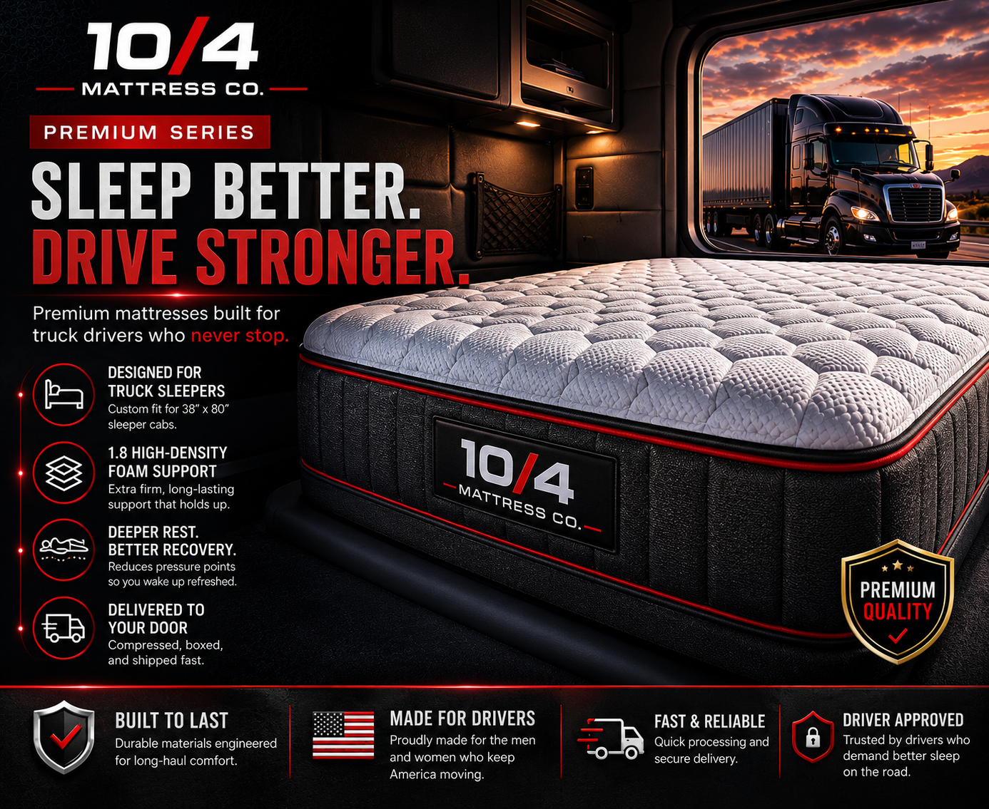 10/4 Mattress Co Premium Series 38x80 truck sleeper cab replacement mattress